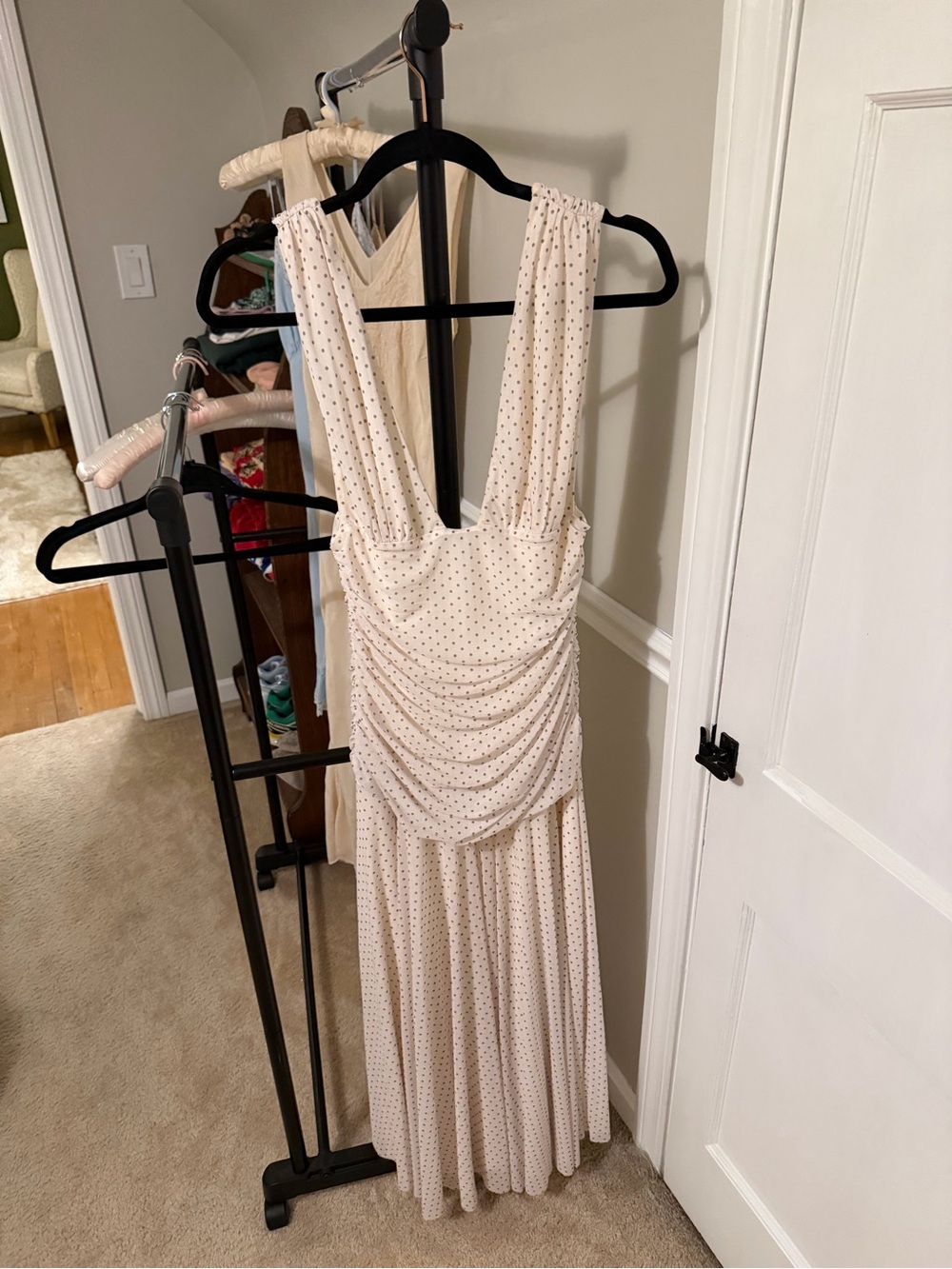 Sleeveless Cream Polka Dot Draped Maxi Dress